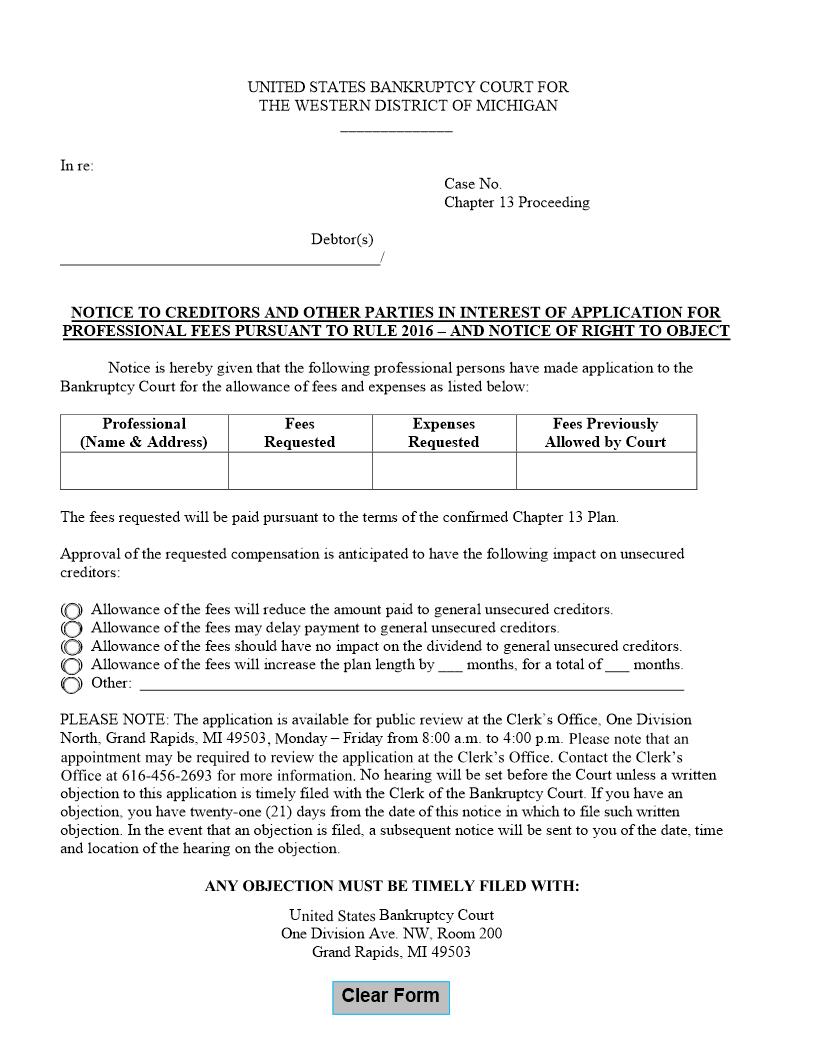 Notice To Creditors And Other Parties In Interest Of Application For Professional Fees (Ch. 13) | Pdf Fpdf Docx | Michigan