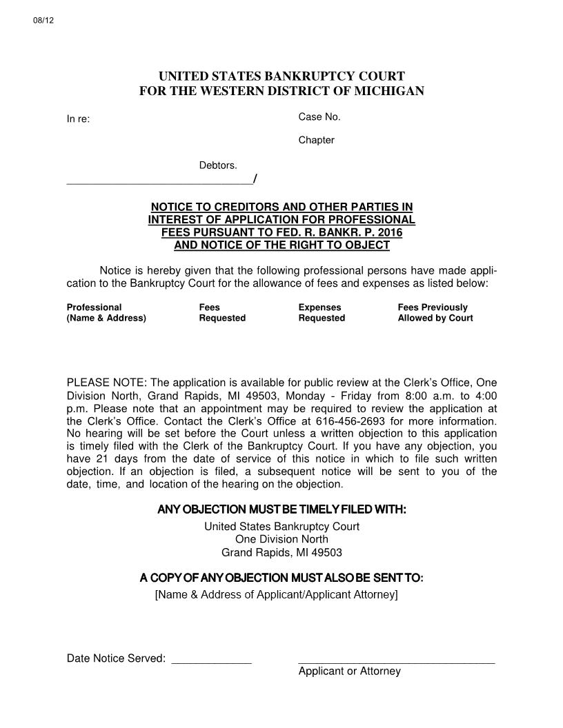 Notice To Creditors And Other Parties In Interest Of Application For Professional Fees | Pdf Fpdf Doc Docx | Michigan