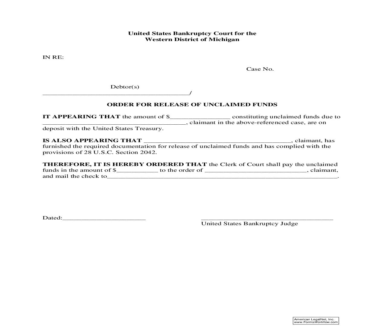 Order For Release Of Unclaimed Funds (Claimant) | Pdf Fpdf Doc Docx | Michigan