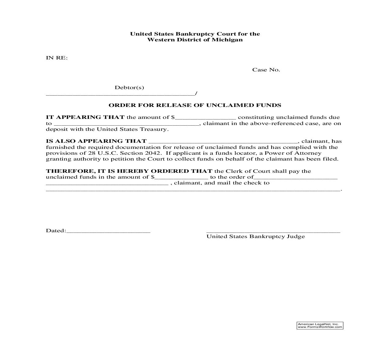 Order For Release Of Unclaimed Funds (Funds Locator) | Pdf Fpdf Doc Docx | Michigan