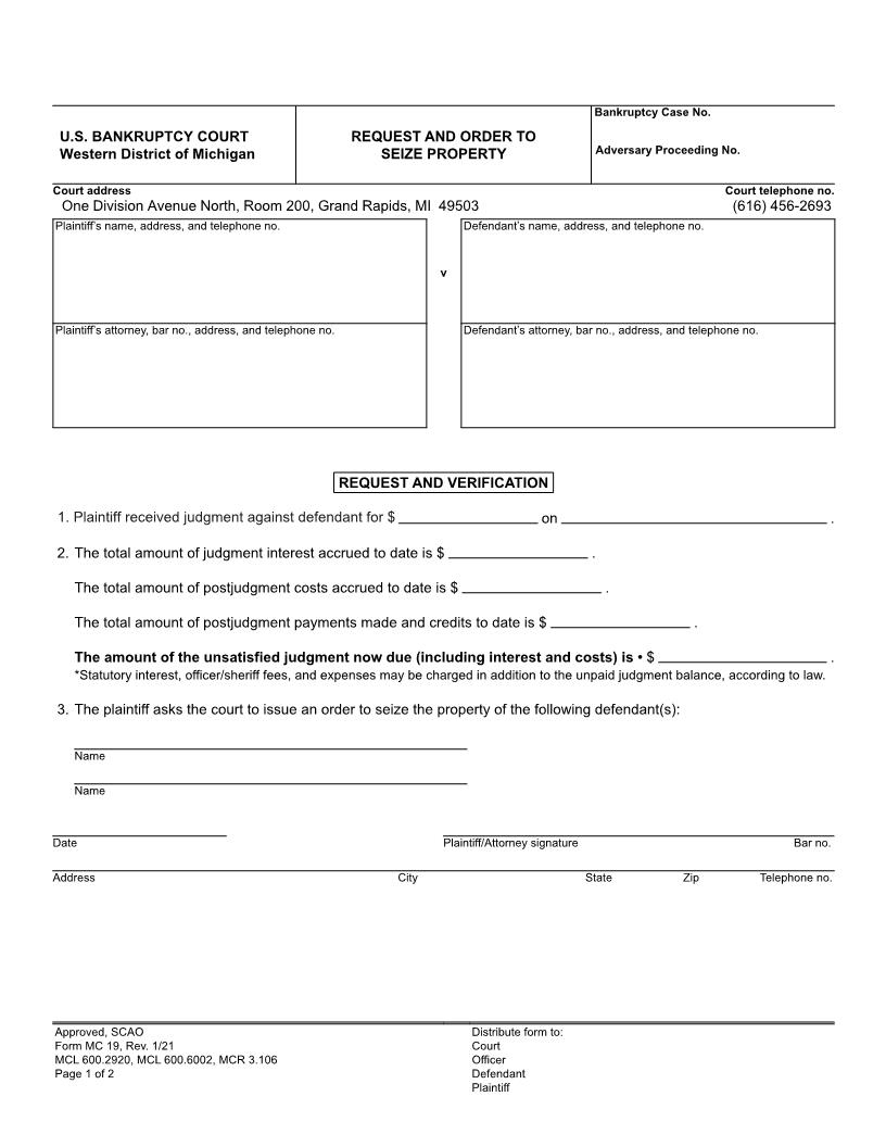 Request And Order To Seize Property | Pdf Fpdf Doc Docx | Michigan