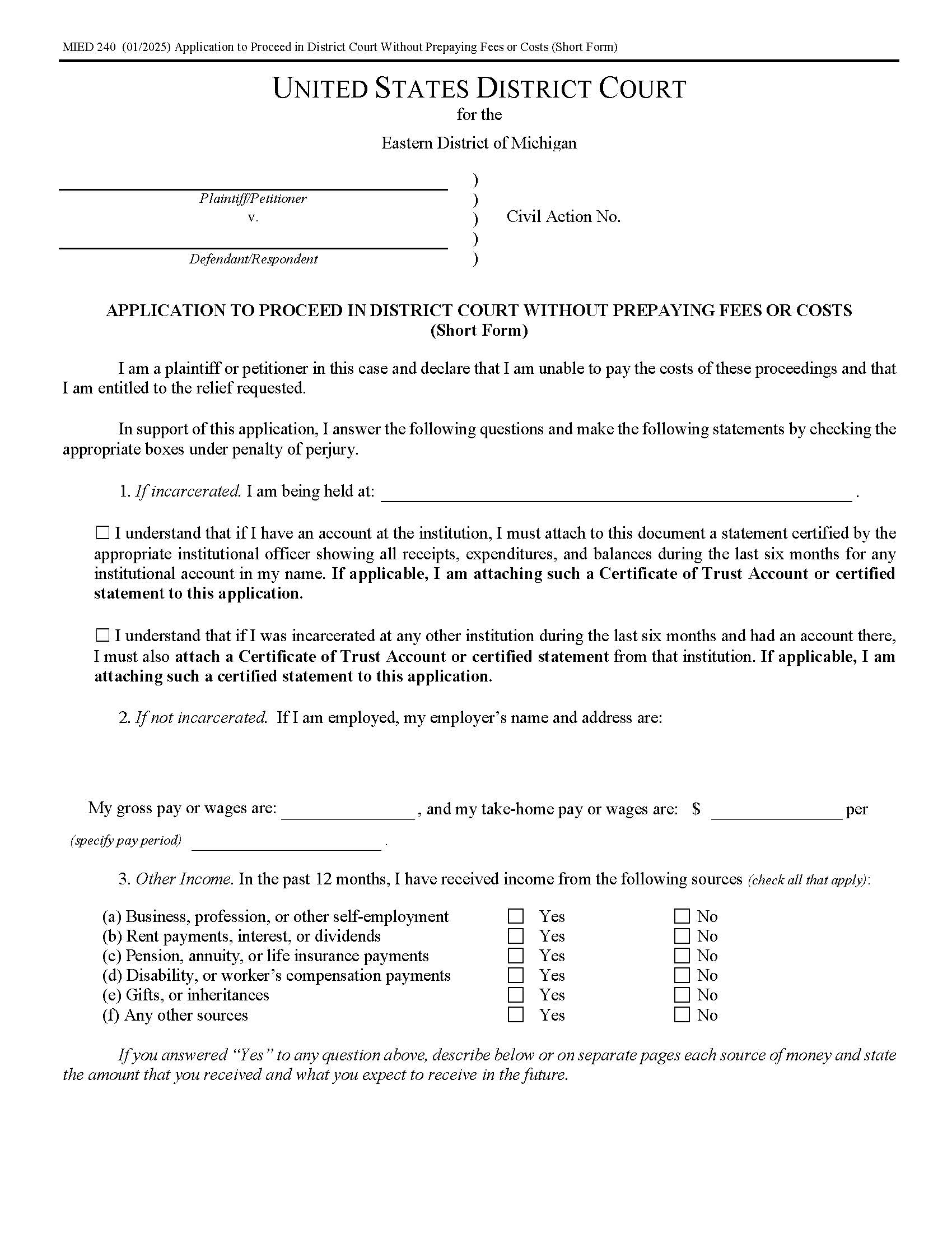 Application To Proceed WIthout Prepaying Fees Or Costs {MIED 240} | Pdf Fpdf Docx | Michigan