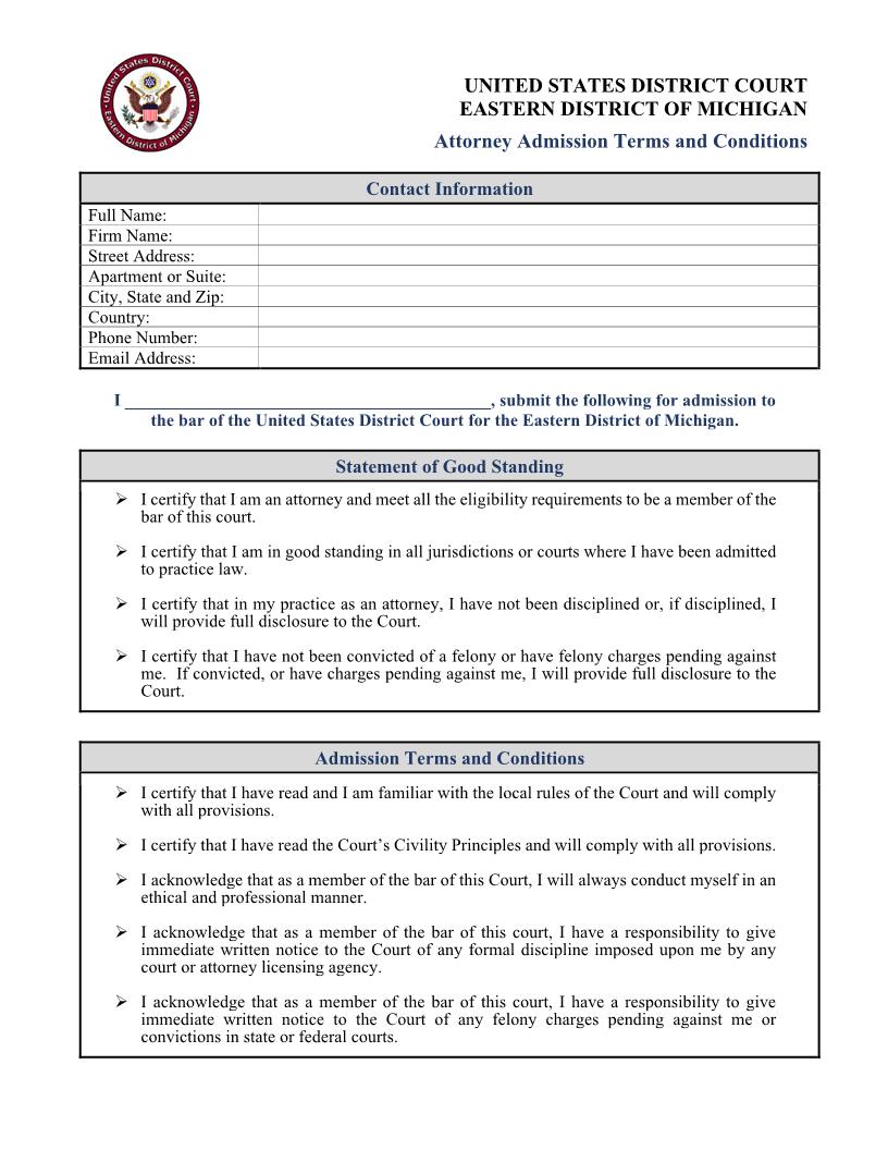 Attorney Admission Terms And Conditions | Pdf Fpdf Doc Docx | Michigan