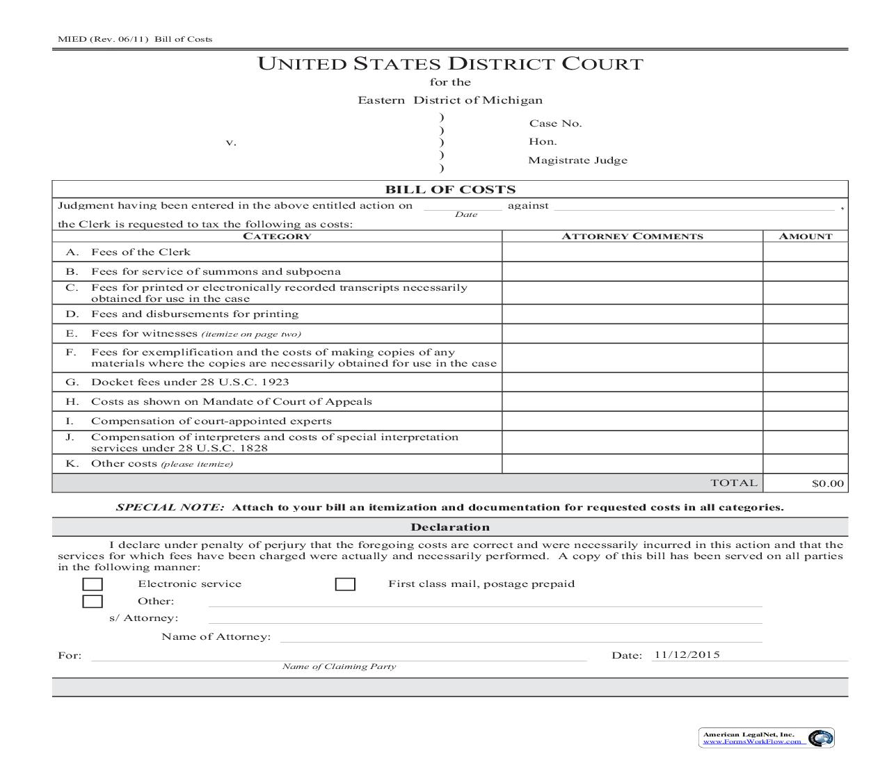 Bill Of Cost And Witness Fees Forms | Pdf Fpdf Doc Docx | Michigan