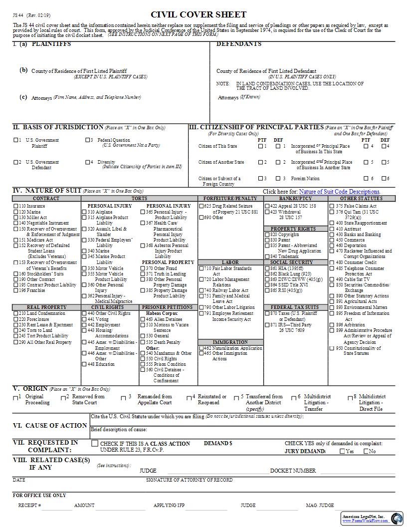 Civil Cover Sheet With Instructions {JS 44} | Pdf Fpdf Docx | Michigan