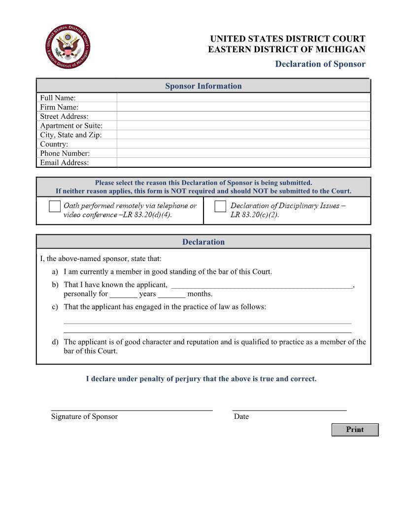 Declaration Of Sponsor | Pdf Fpdf Docx | Michigan