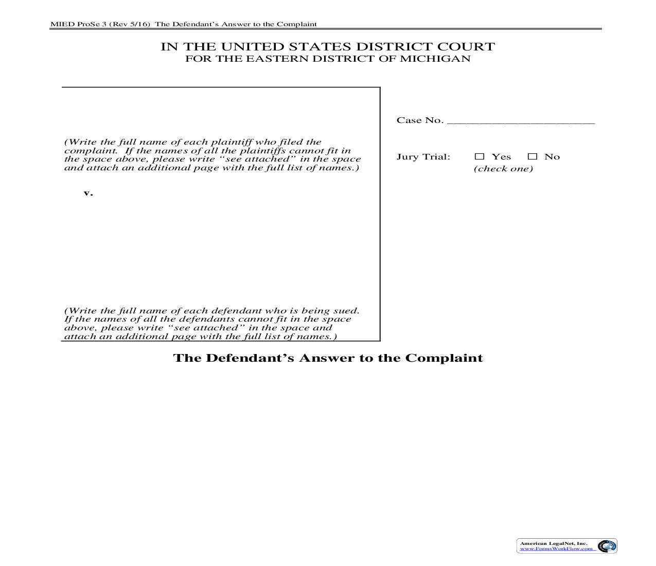 Defendants Answer To The Complaint | Pdf Fpdf Doc Docx | Michigan