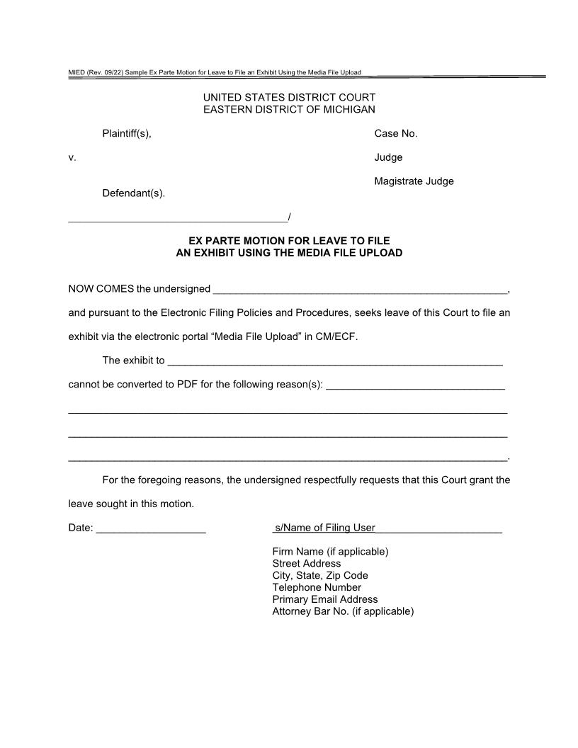 Ex Parte Motion For Leave To File An Exhibit Using Media FIle Upload | Pdf Fpdf Docx | Michigan