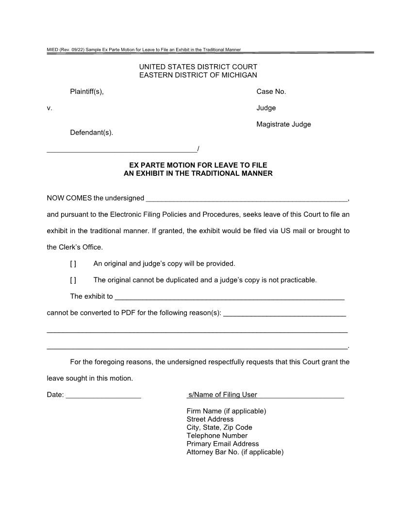 Ex Parte Motion For Leave To File Exhibits In The Traditional Manner | Pdf Fpdf Doc Docx | Michigan