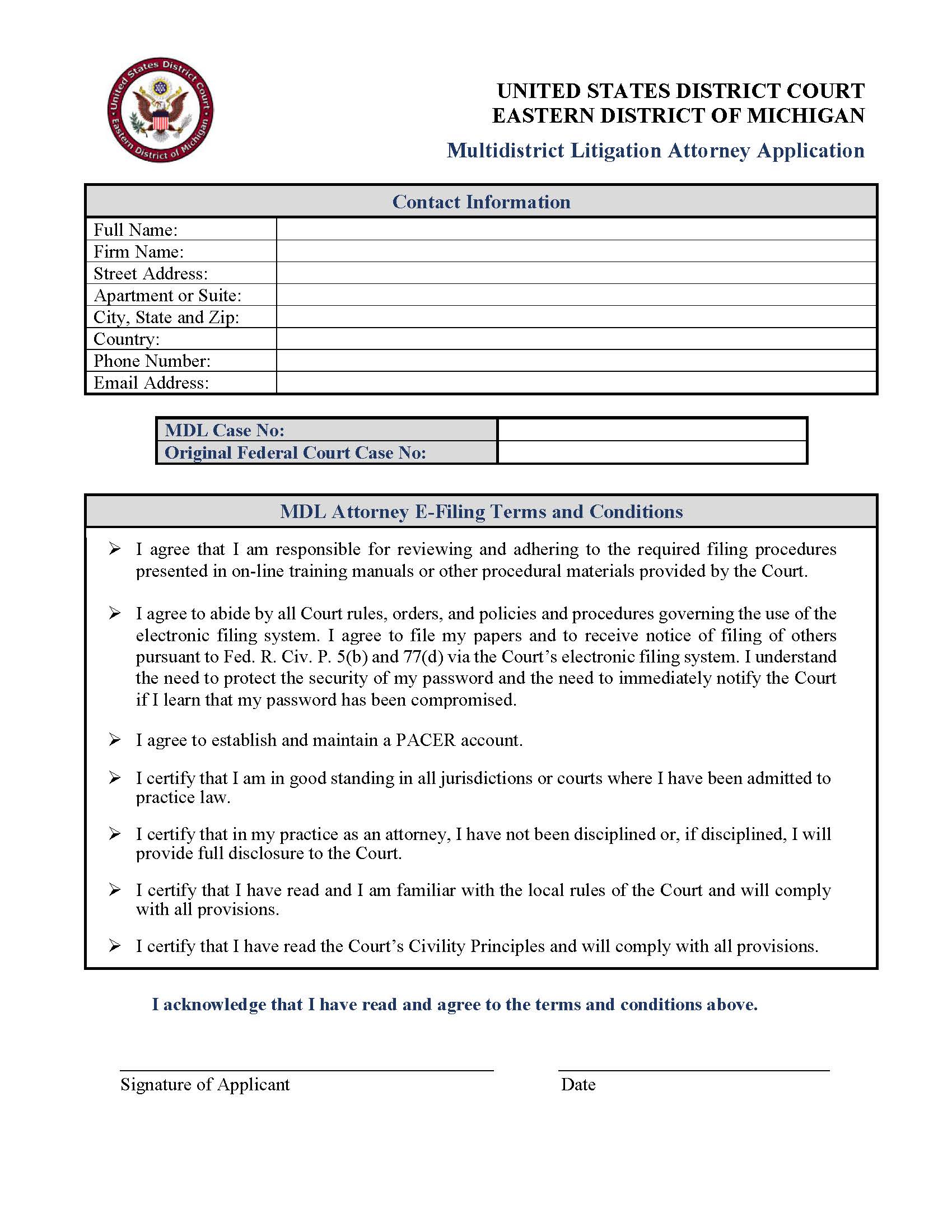 Multidistrict Litigation Attorney Application | Pdf Fpdf Docx | Michigan