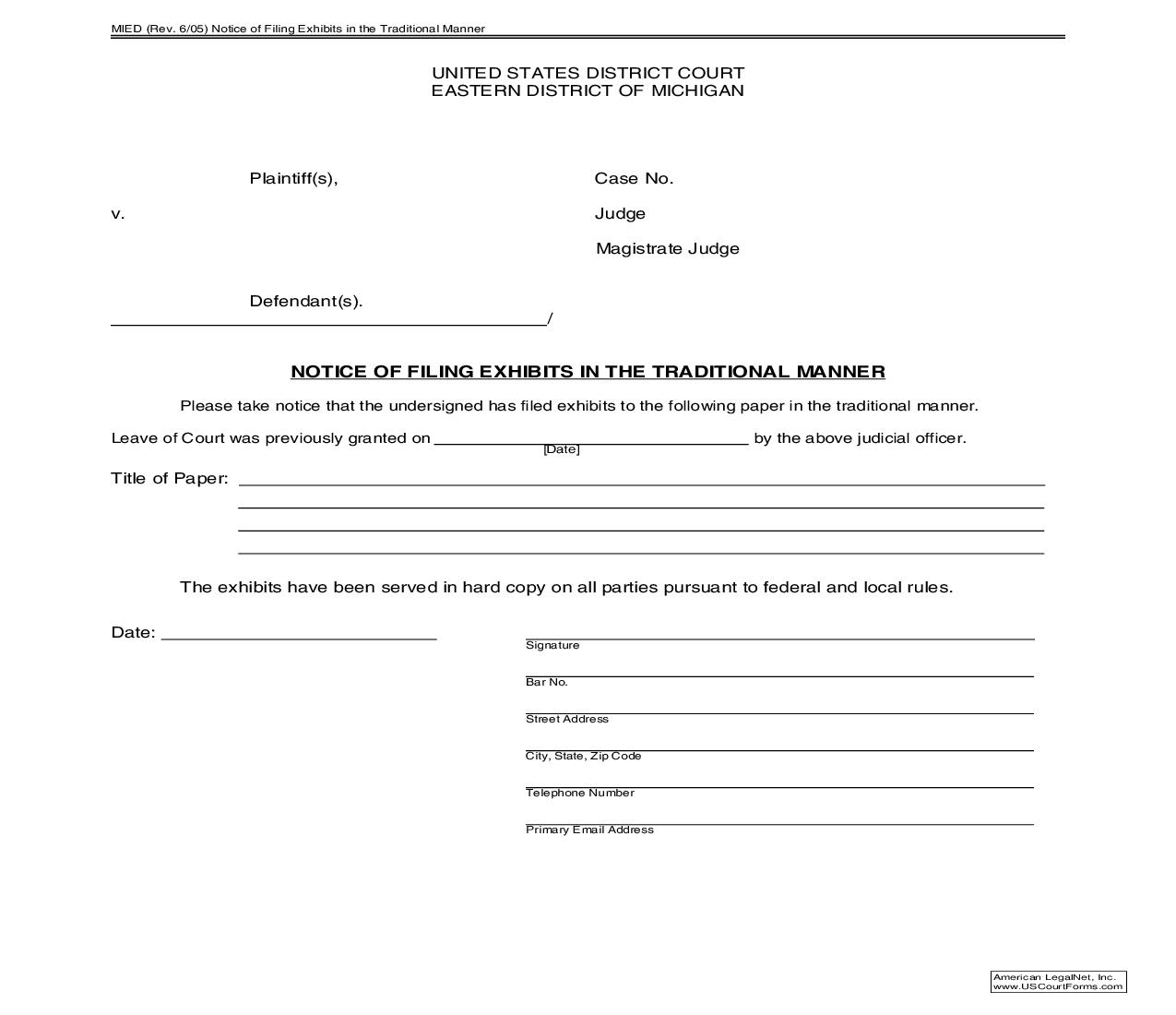 Notice Of Filing Exhibits In The Traditional Manner | Pdf Fpdf Doc Docx | Michigan