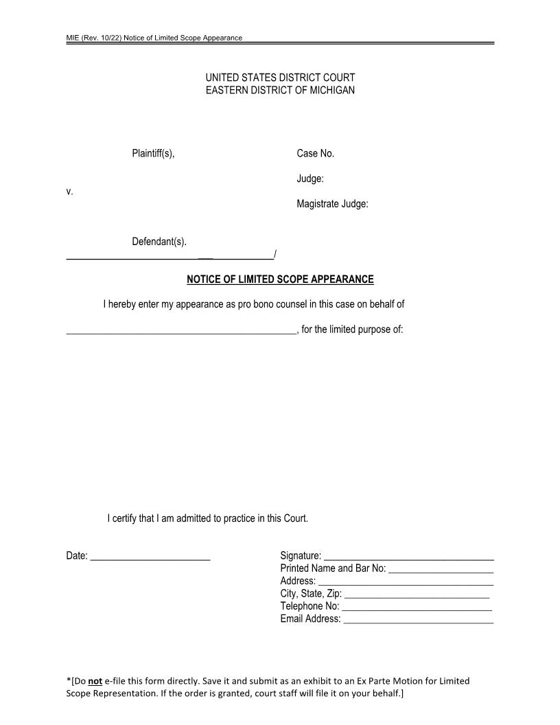Notice Of Limited Scope Appearance | Pdf Fpdf Docx | Michigan