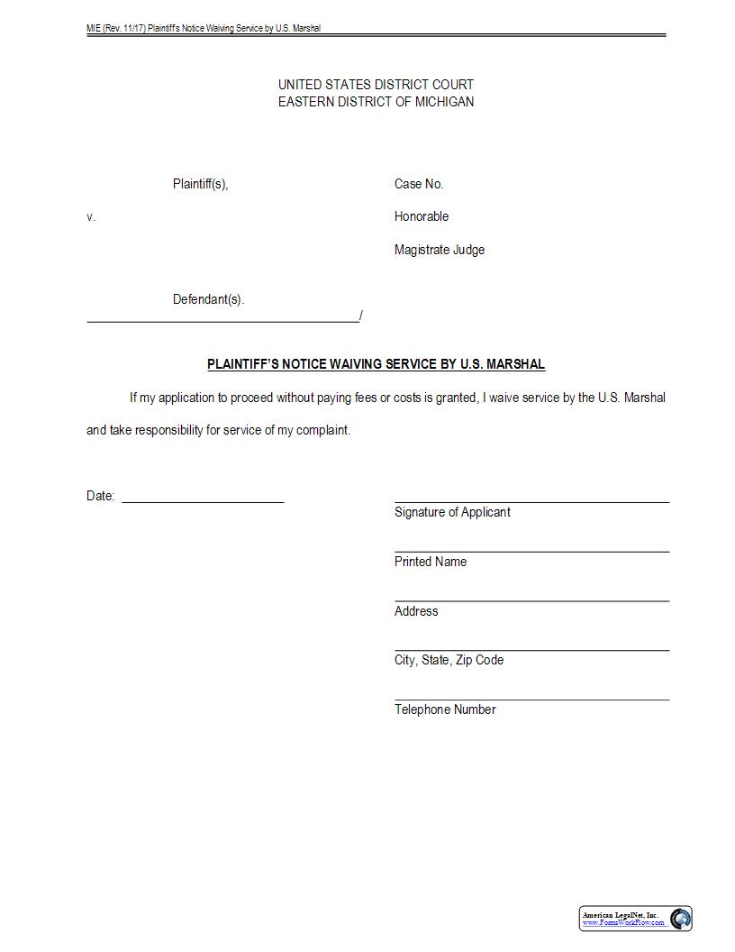 Plaintiffs Notice Waiving Service By U.S. Marshal | Pdf Fpdf Doc Docx | Michigan