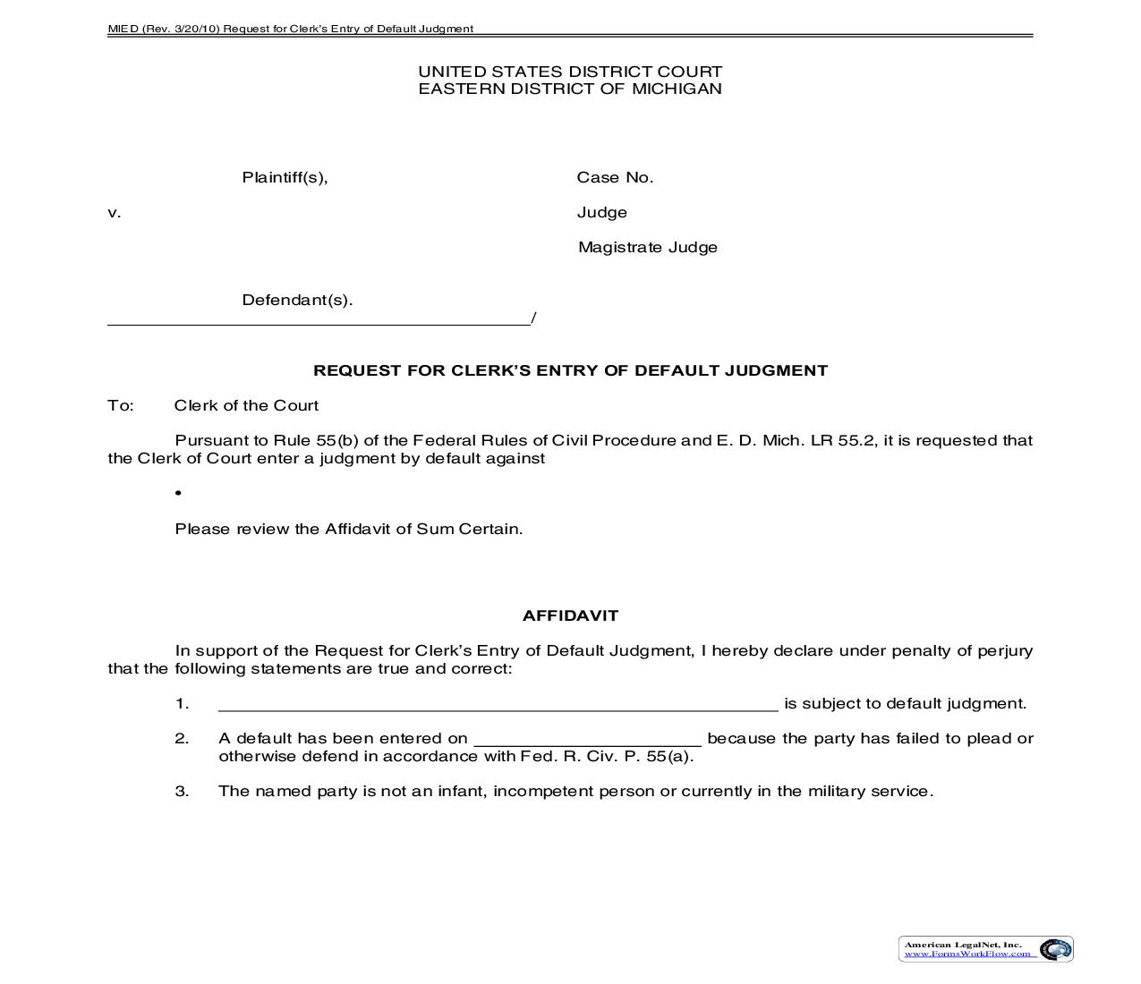 Request For Clerks Entry Of Default Judgment | Pdf Fpdf Doc Docx | Michigan
