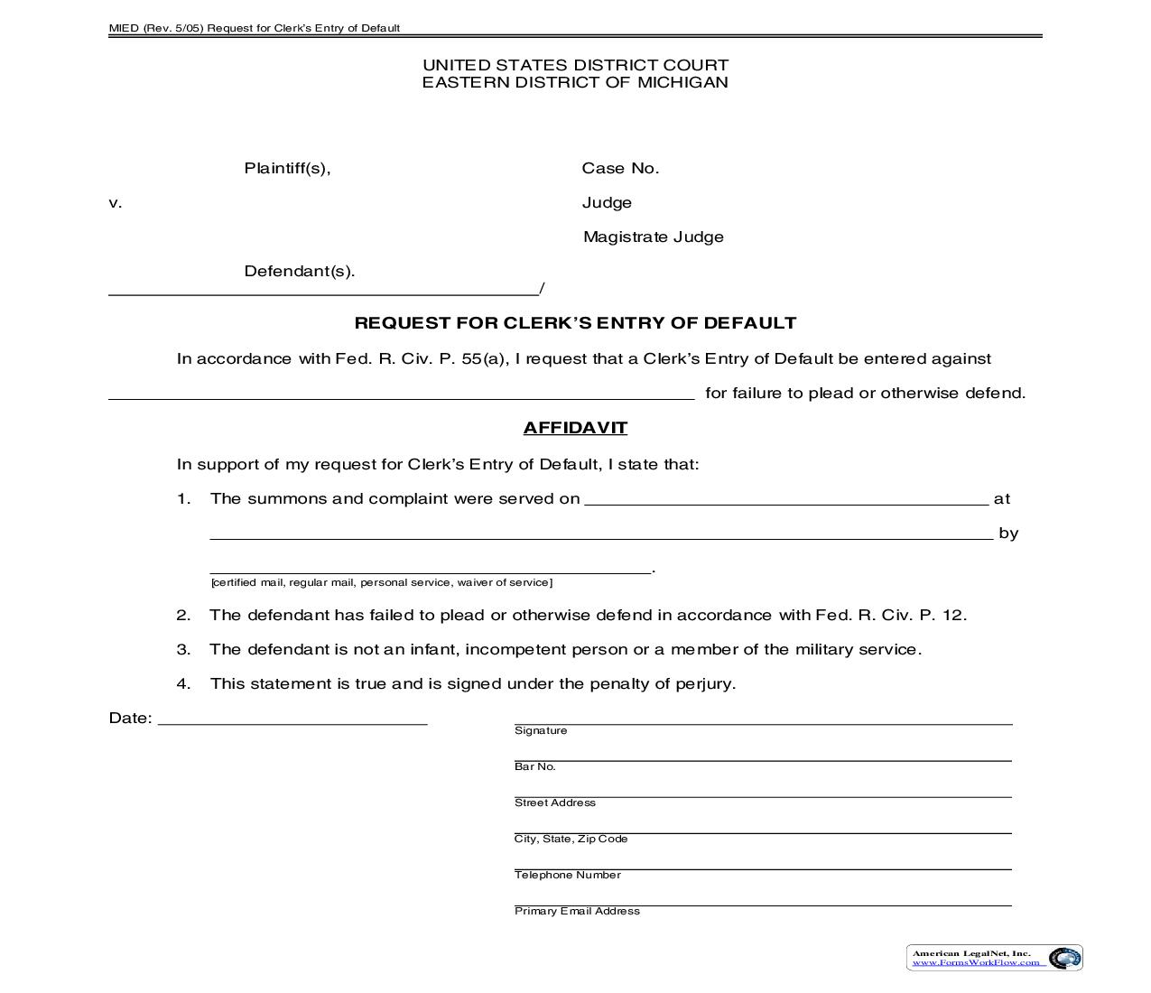 Request For Clerks Entry Of Default | Pdf Fpdf Doc Docx | Michigan