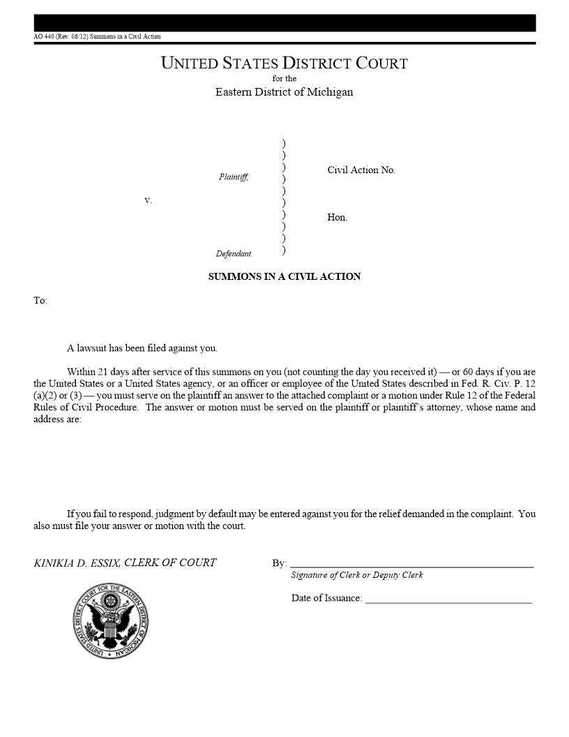 Summons In A Civil Case (USDC Eastern Michigan) {AO-440} | Pdf Fpdf Doc Docx | Michigan