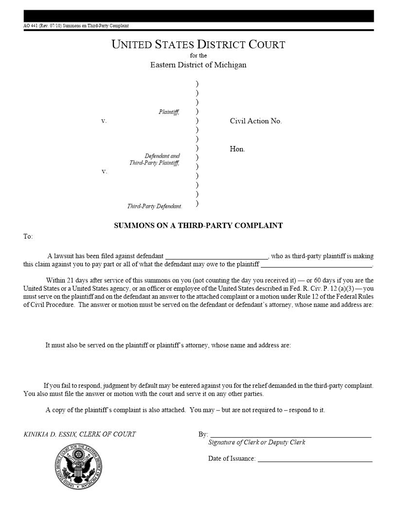 Summons On A Third-Party Complaint | Pdf Fpdf Doc Docx | Michigan
