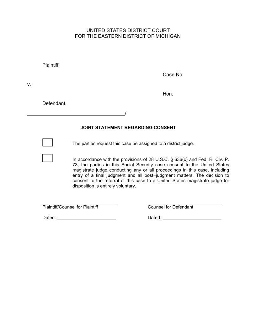Joint Statement Regarding Consent (Social Security) | Pdf Fpdf Docx | Michigan