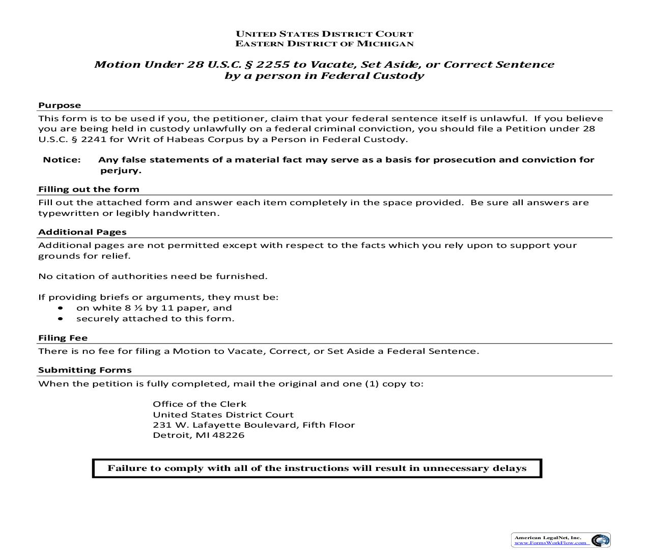 Motion Under 28 USC Section 2255 To Vacate, Set Aside Or Correct Sentence By A Person In Federal Custody | Pdf Fpdf Doc Docx | Michigan