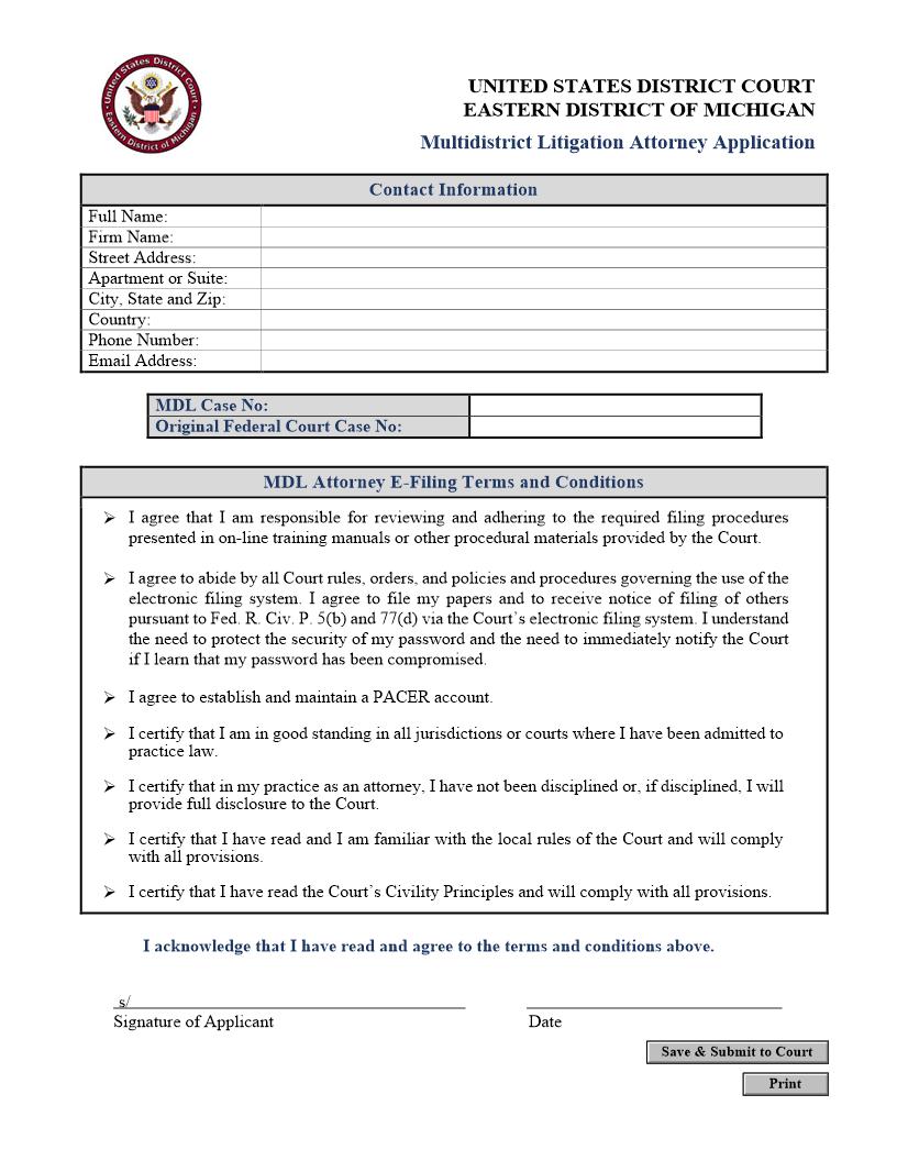 Multidistrict Litigation Attorney Application | Pdf Fpdf Docx | Michigan