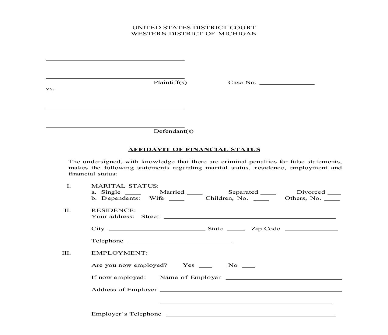 Affidavit Of Financial Status | Pdf Fpdf Doc Docx | Michigan