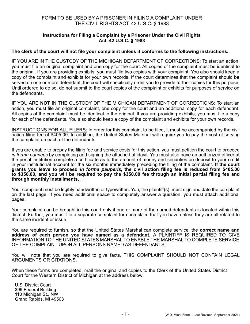 Complaint (Prisoner Civil Rights) | Pdf Fpdf Doc Docx | Michigan