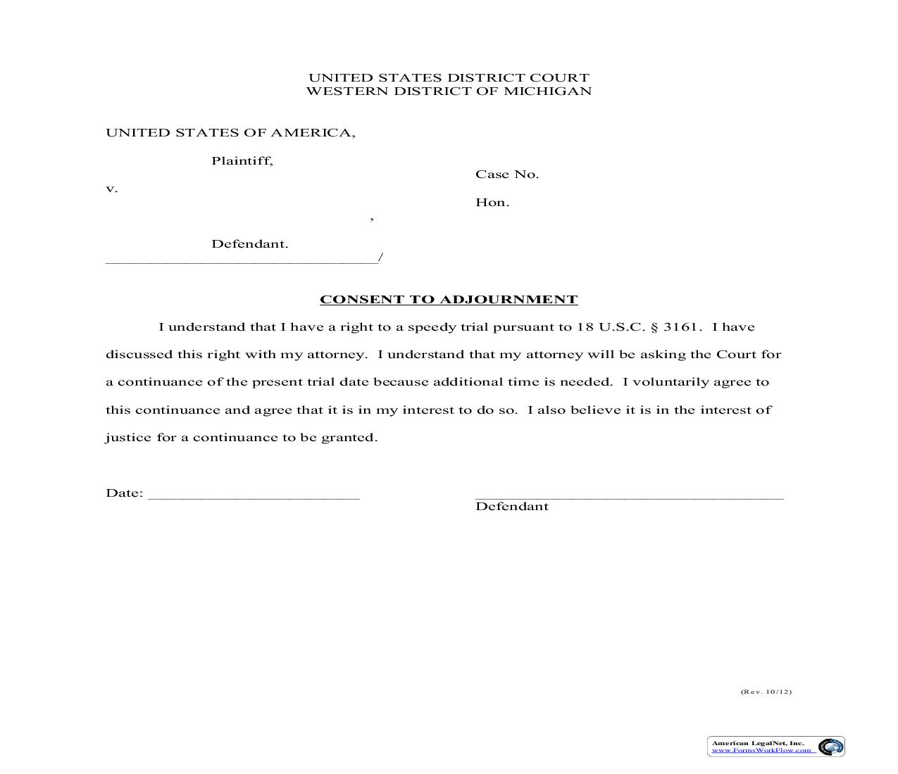 Consent To Adjournment | Pdf Fpdf Doc Docx | Michigan