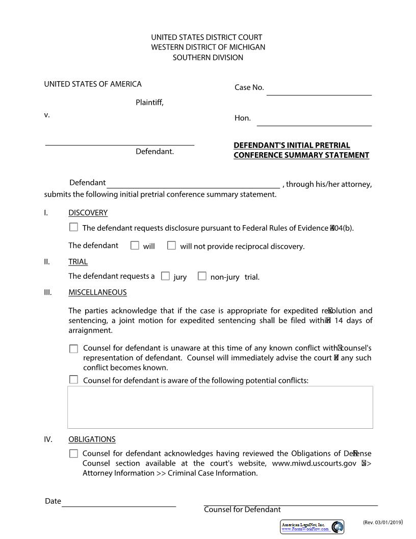 Defendants Initial Pretrial Conference Summary Statement | Pdf Fpdf Docx | Michigan