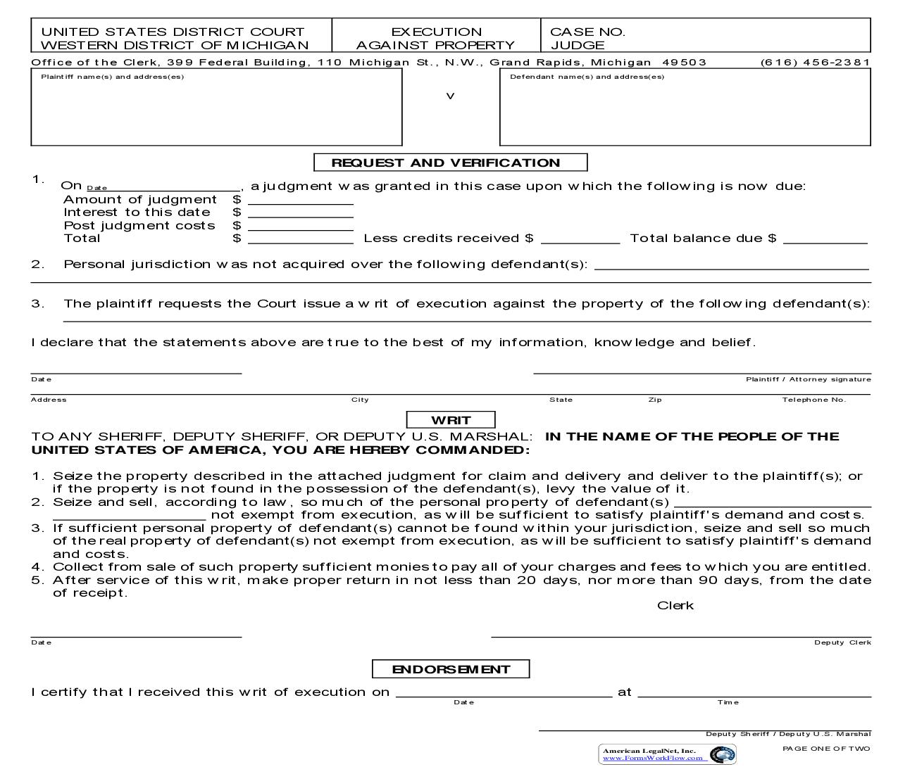 Execution Against Property | Pdf Fpdf Doc Docx | Michigan