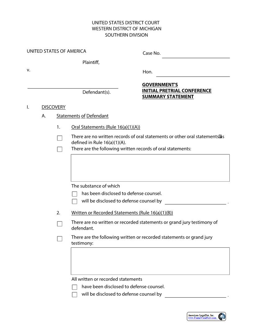 Governments Initial Pretrial Conference Summary Statement | Pdf Fpdf Docx | Michigan