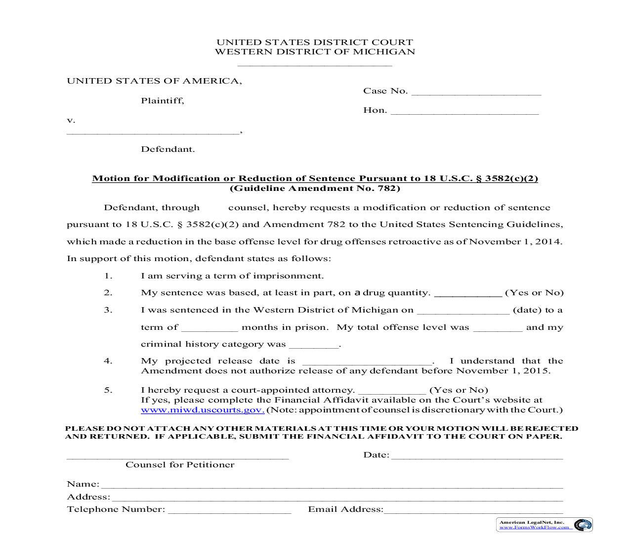 Motion For Modification Or Reduction Of Sentence (Attorney) | Pdf Fpdf Doc Docx | Michigan