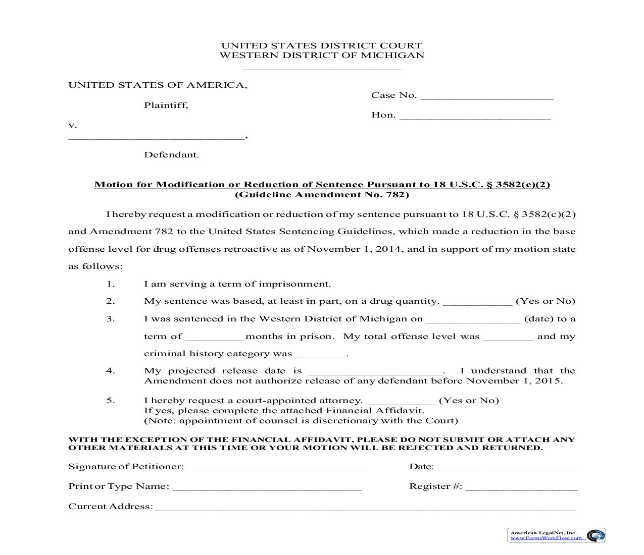 Motion For Modification Or Reduction Of Sentence (Pro Se) | Pdf Fpdf Doc Docx | Michigan