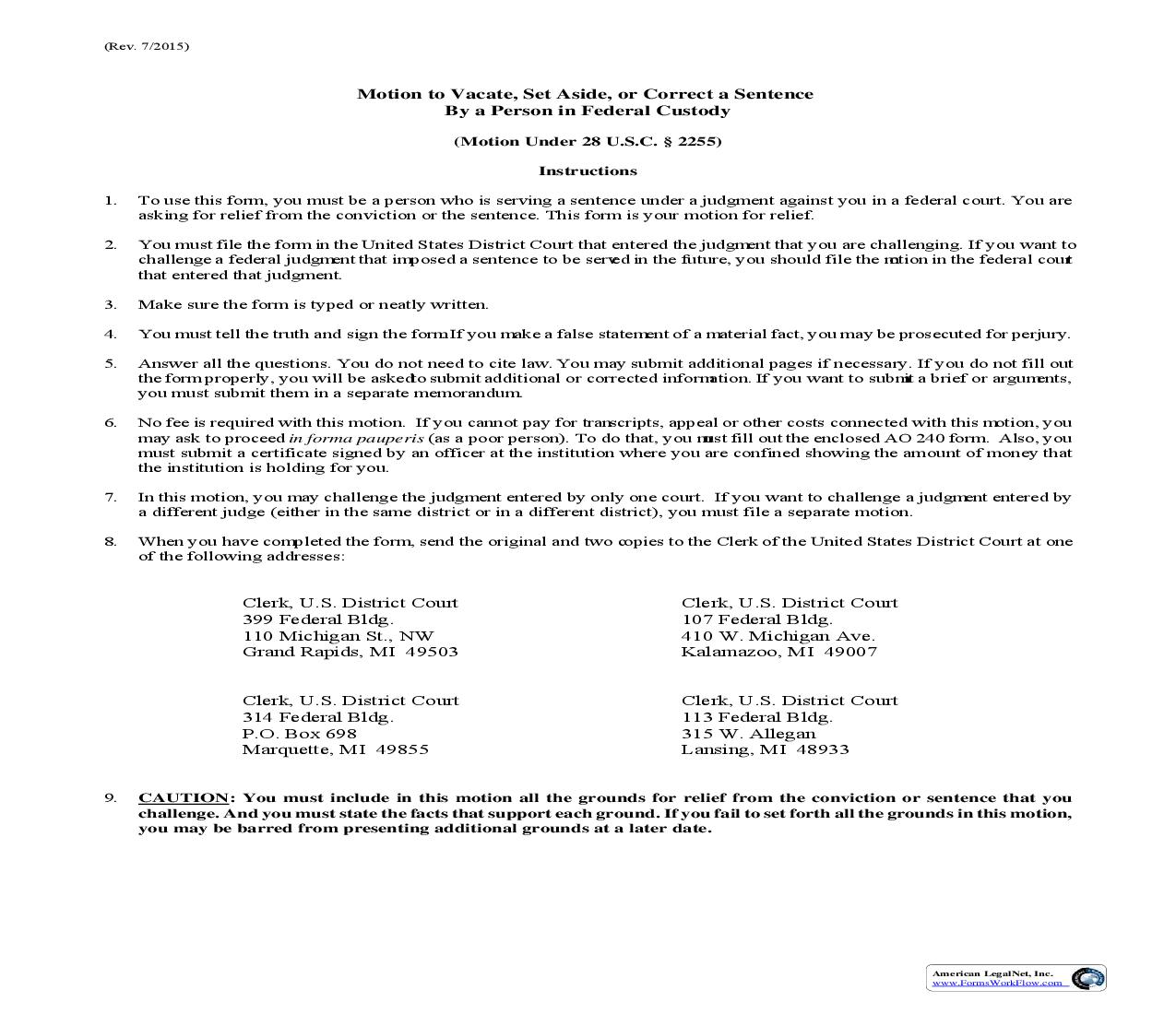 Motion To Vacate Set Aside Sentence (Motion Under 28 USC 2255) | Pdf Fpdf Doc Docx | Michigan