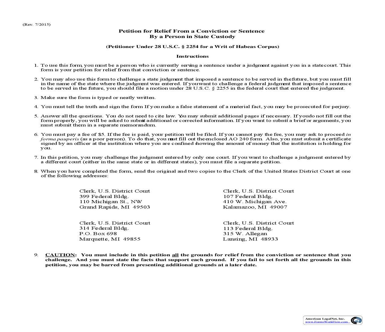 Petition For Relief From A Conviction Or Sentence (28 USC 2254) | Pdf Fpdf Doc Docx | Michigan