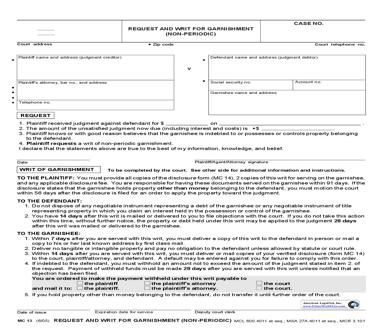 Request And Writ For Garnishment (Non-Periodic) | Pdf Fpdf Doc Docx | Michigan