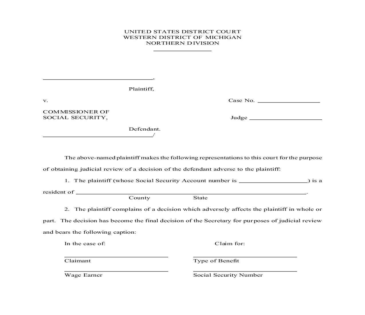 Social Security Complaint Form - Northern Division | Pdf Fpdf Doc Docx | Michigan