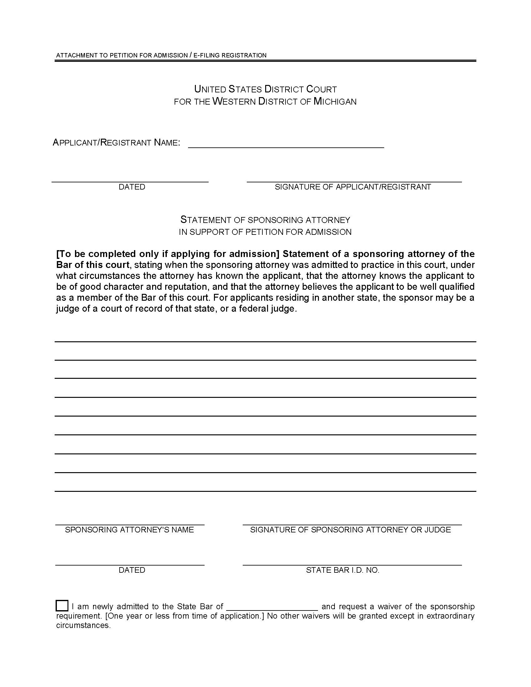 Statement Of Sponsoring Attorney In Support Of Petition For Admission | Pdf Fpdf Docx | Michigan