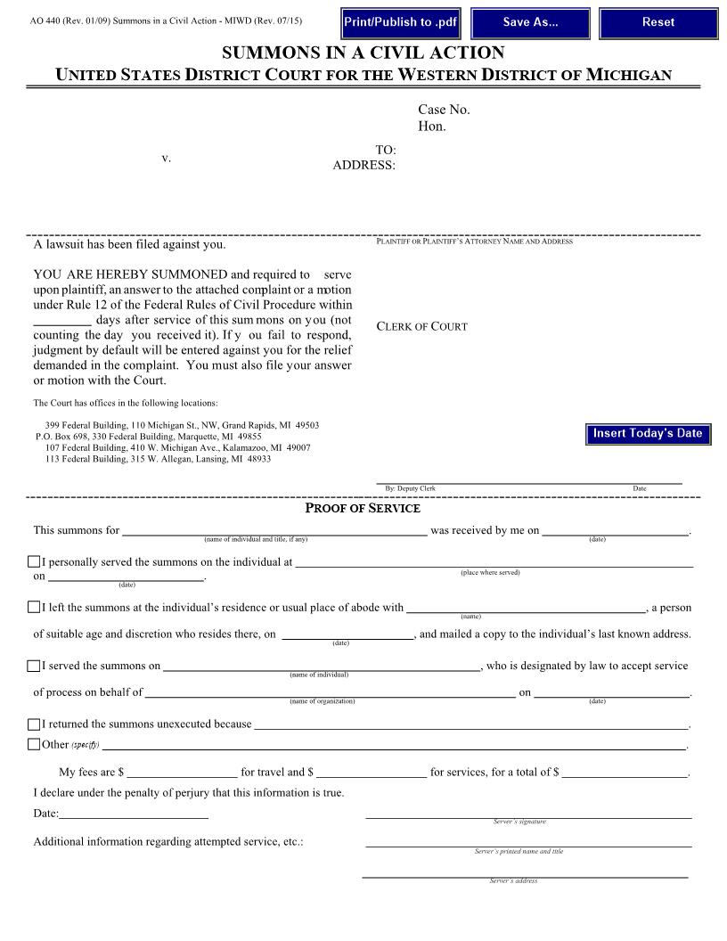 Summons In A Civil Action (USDC Western) | Pdf Fpdf Doc Docx | Michigan