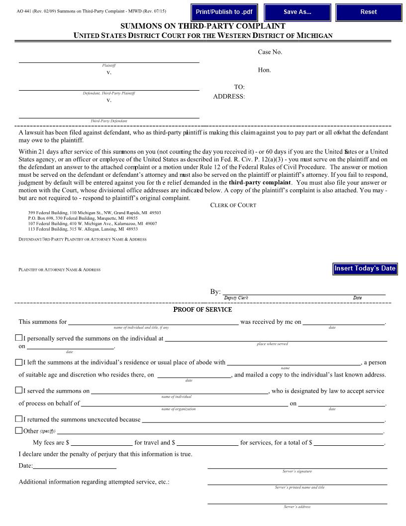 Summons On Third Party Complaint | Pdf Fpdf Doc Docx | Michigan