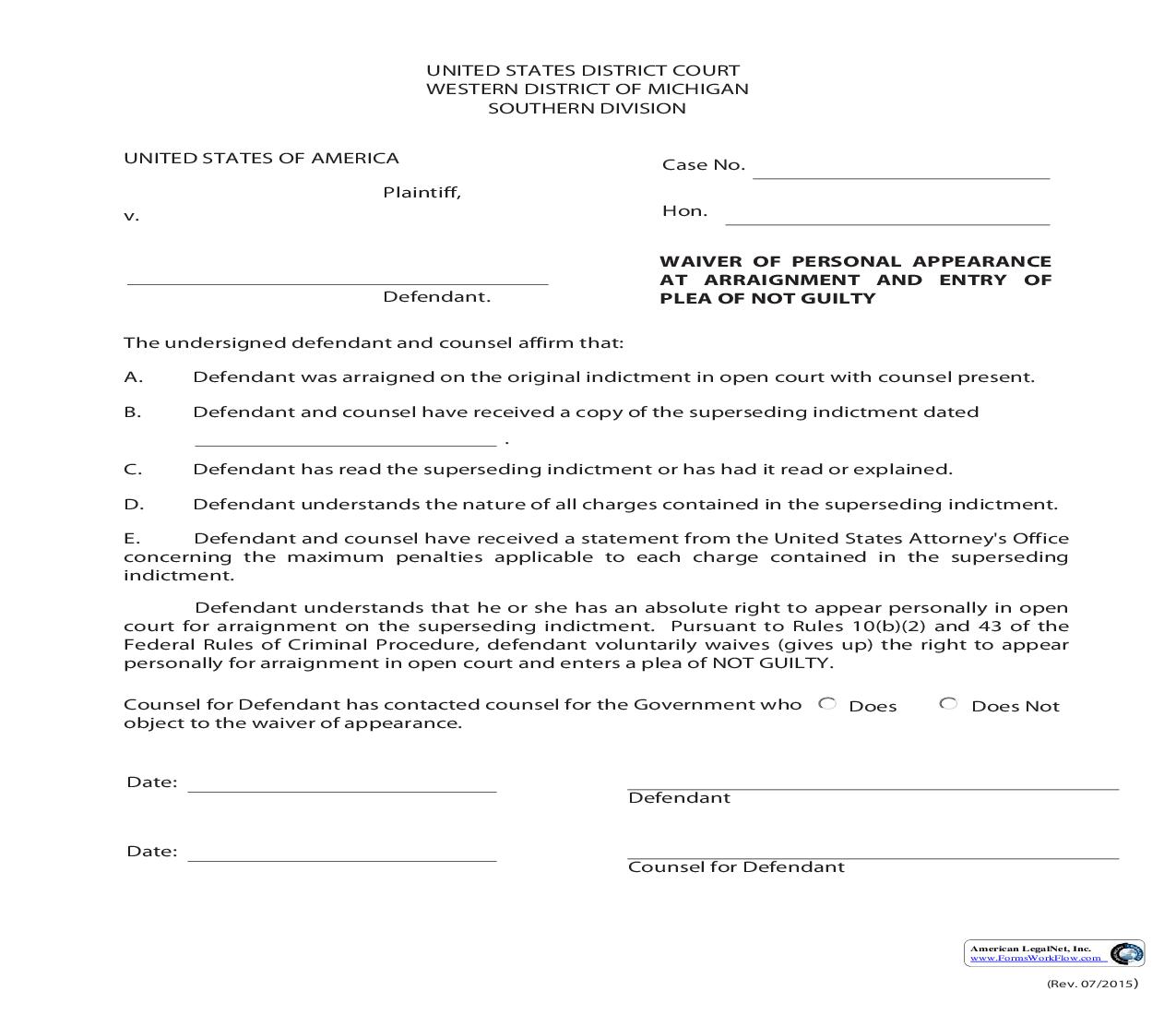 Waiver Of Personal Appearance at Arraignment | Pdf Fpdf Doc Docx | Michigan