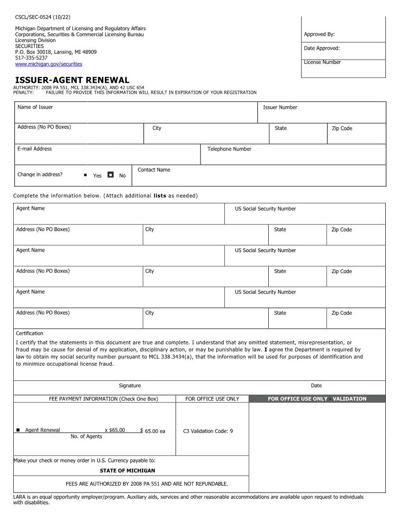 Issuer Agent Renewal {CSCL SEC-0524} | Pdf Fpdf Doc Docx | Michigan