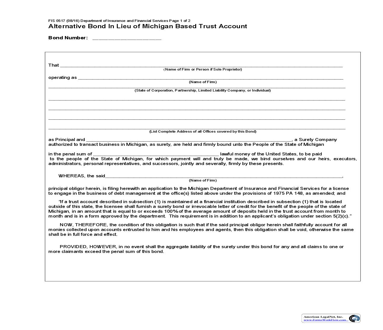 Alternative Bond In Lieu Of Michigan Based Trust Account {FIS-0517} | Pdf Fpdf Doc Docx | Michigan