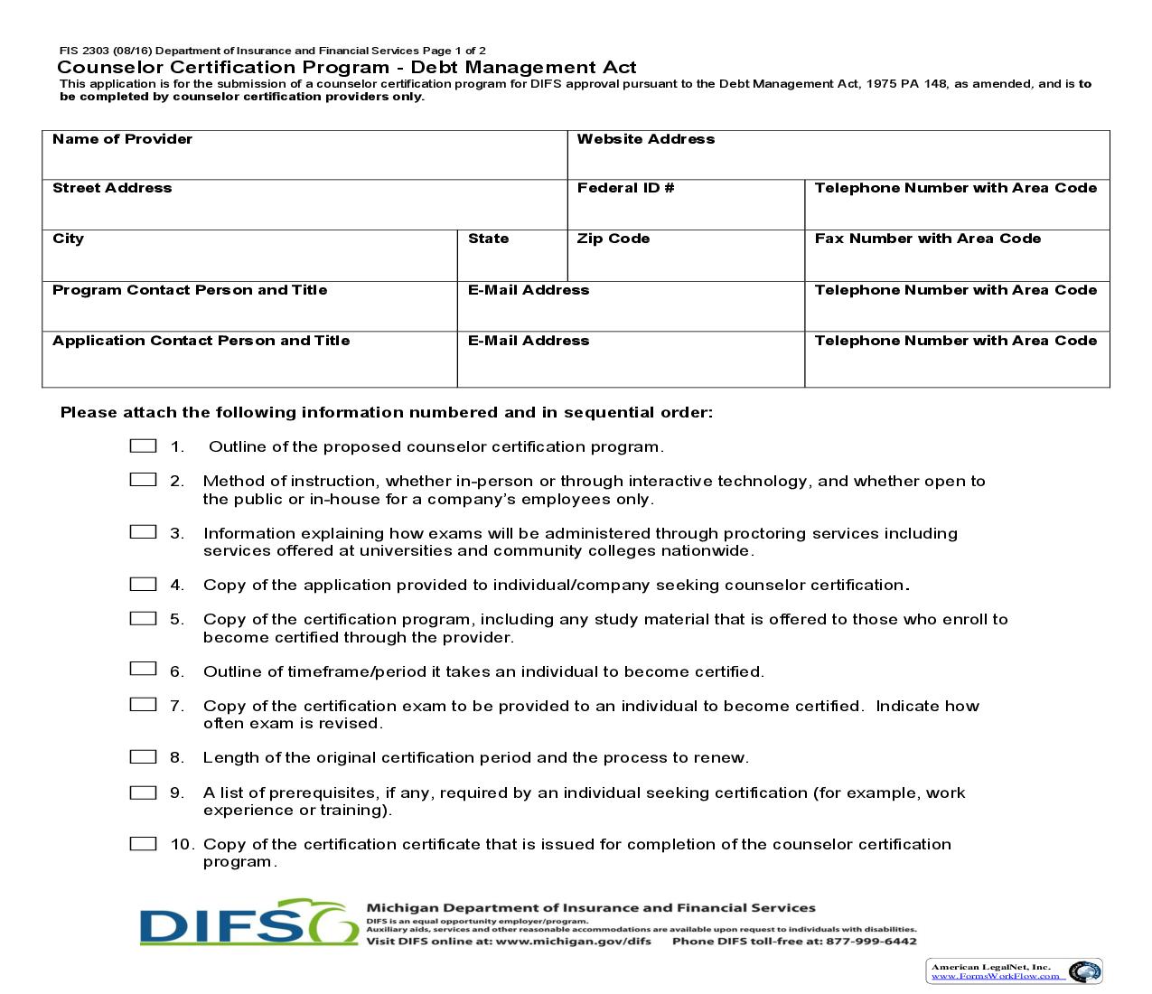 Counselor Certification Program Debt Management Act {FIS-2303} | Pdf Fpdf Doc Docx | Michigan