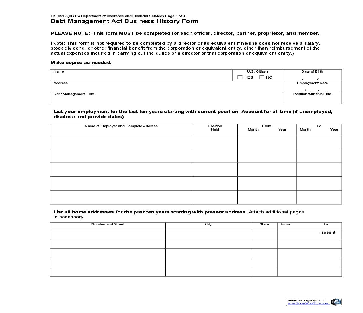 Debt Management Act Business History Form {FIS-0512} | Pdf Fpdf Doc Docx | Michigan