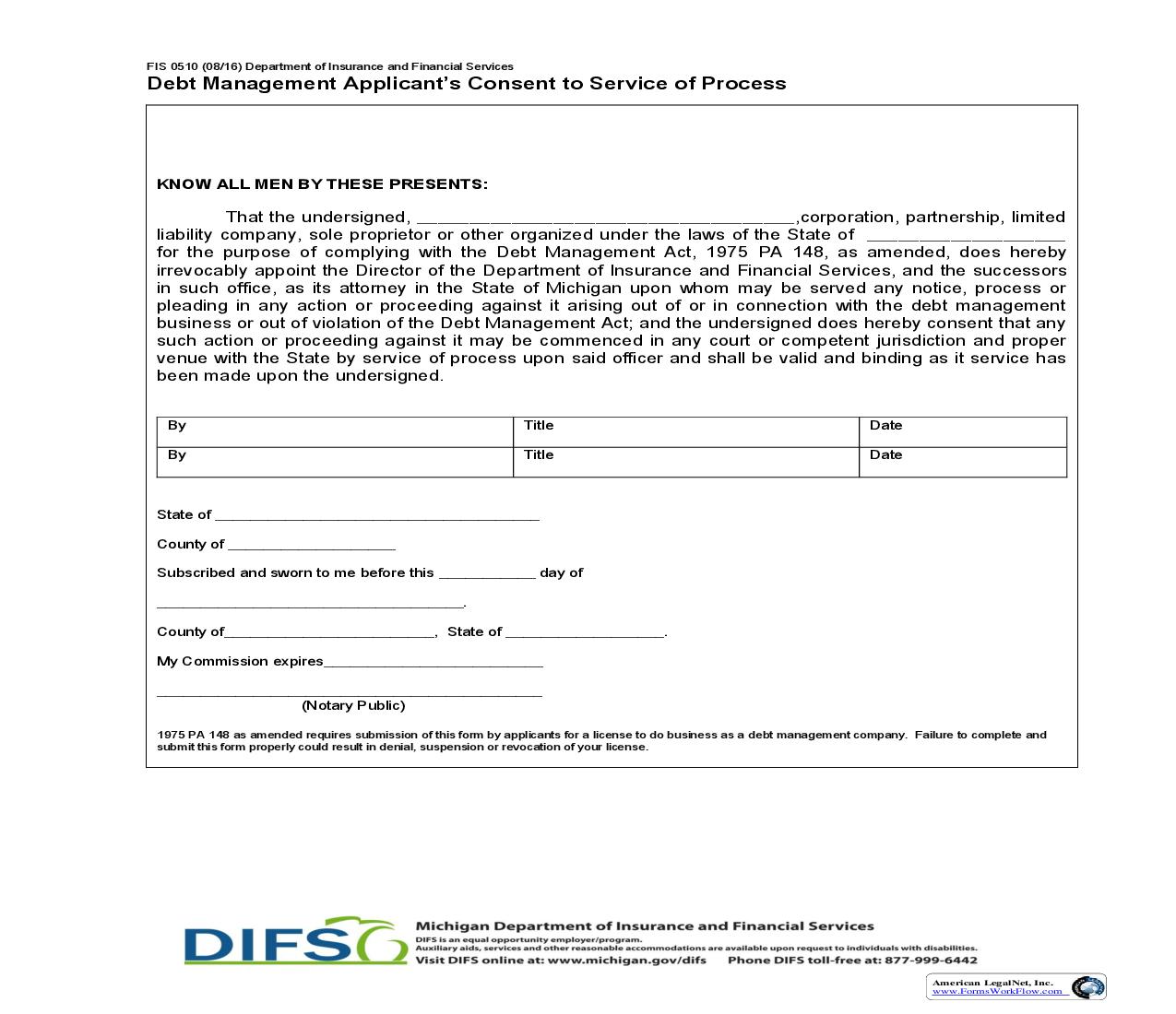 Debt Management Applicants Consent To Service Of Process {FIS-0510} | Pdf Fpdf Doc Docx | Michigan