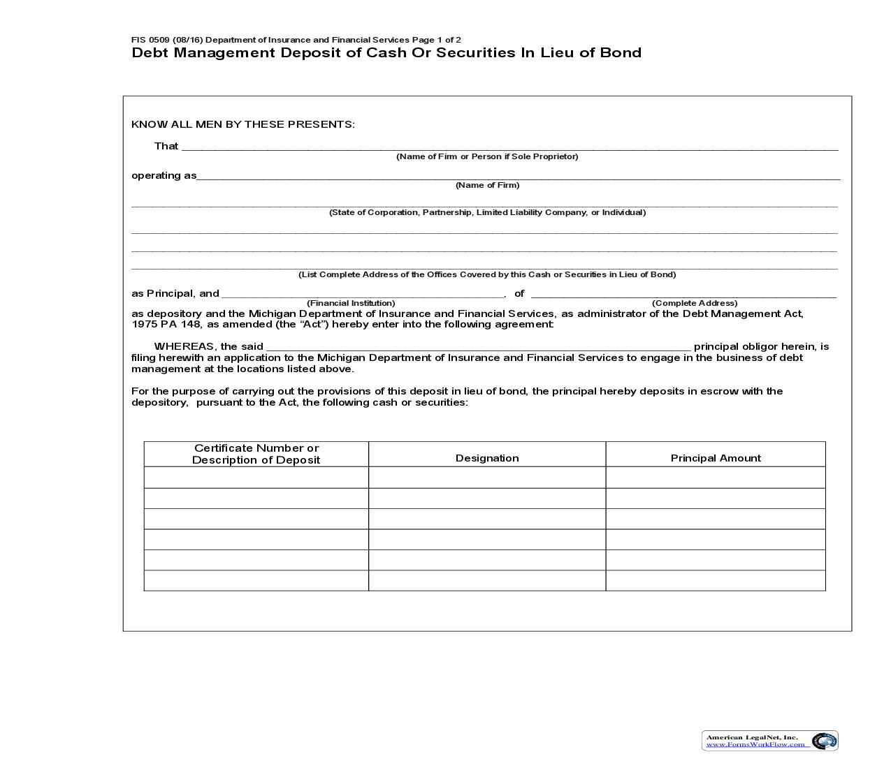 Debt Management Deposit Of Cash Or Securities In Lieu Of Bond {FIS-0509} | Pdf Fpdf Doc Docx | Michigan