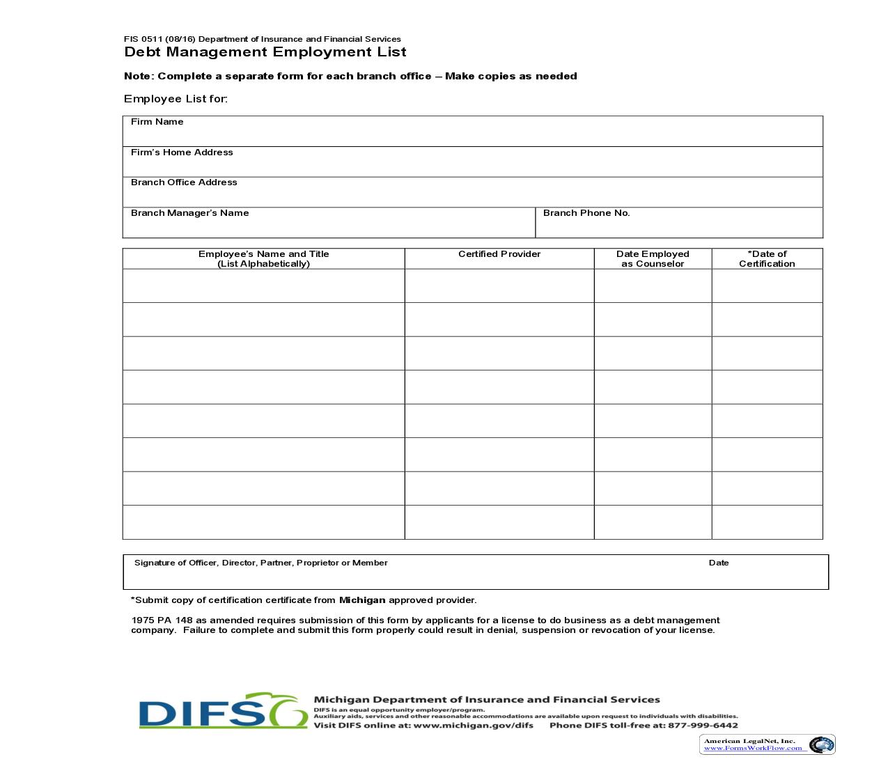 Debt Management Employment List {FIS-0511} | Pdf Fpdf Doc Docx | Michigan