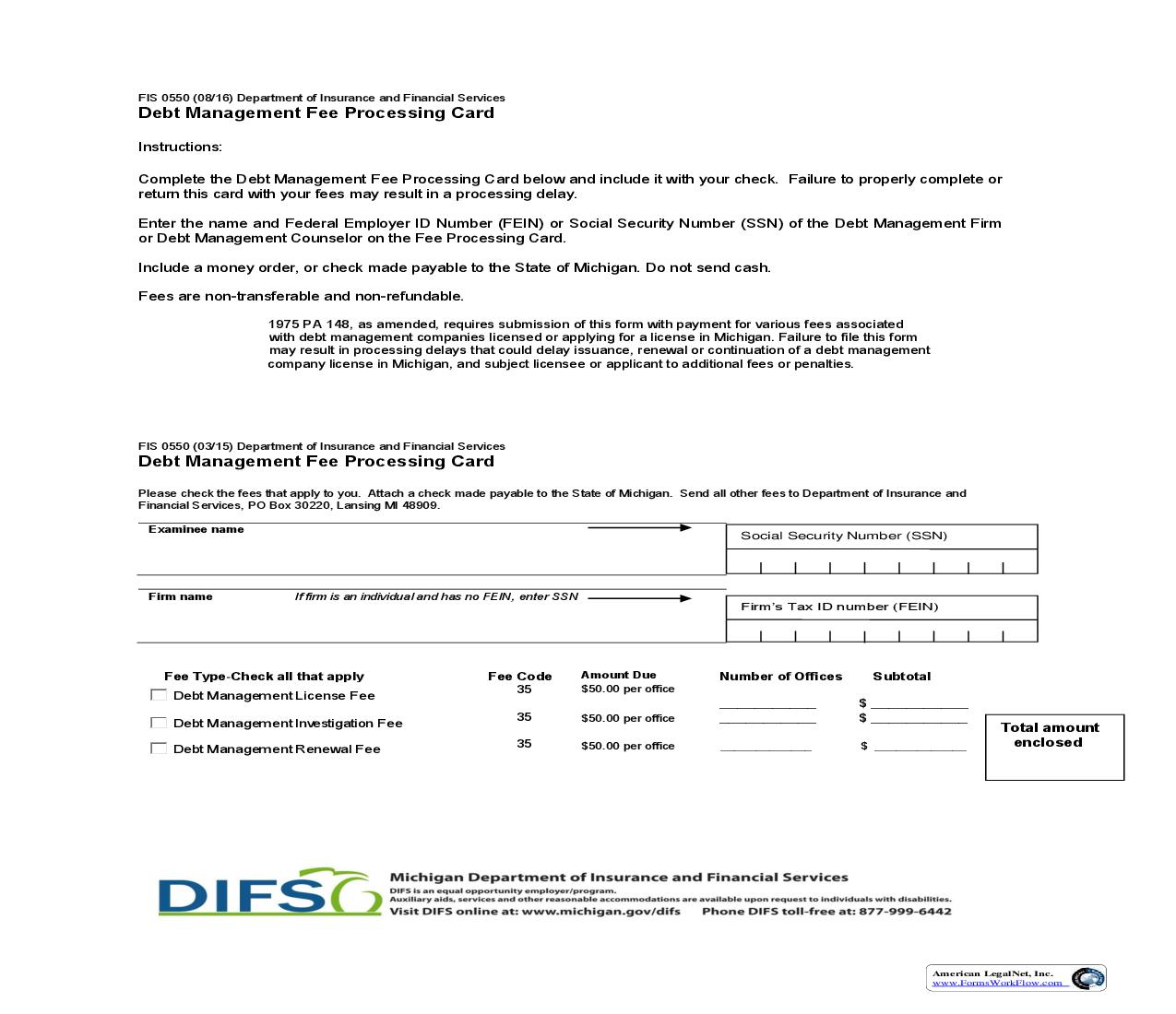 Debt Management Fee Processing Card {FIS-0550} | Pdf Fpdf Doc Docx | Michigan