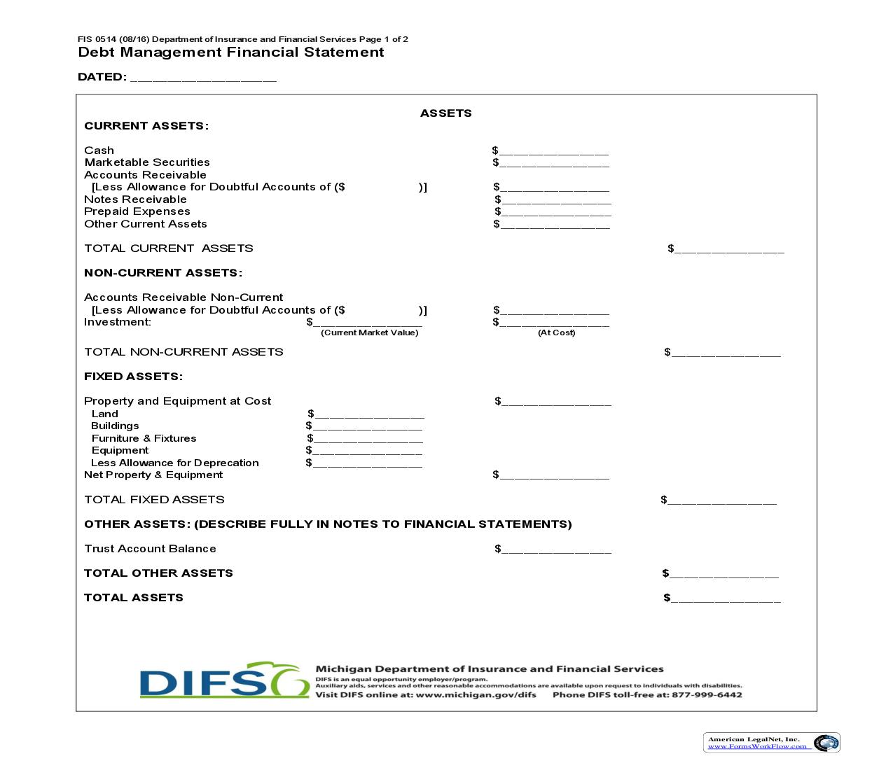 Debt Management Financial Statement {FIS-0514} | Pdf Fpdf Doc Docx | Michigan