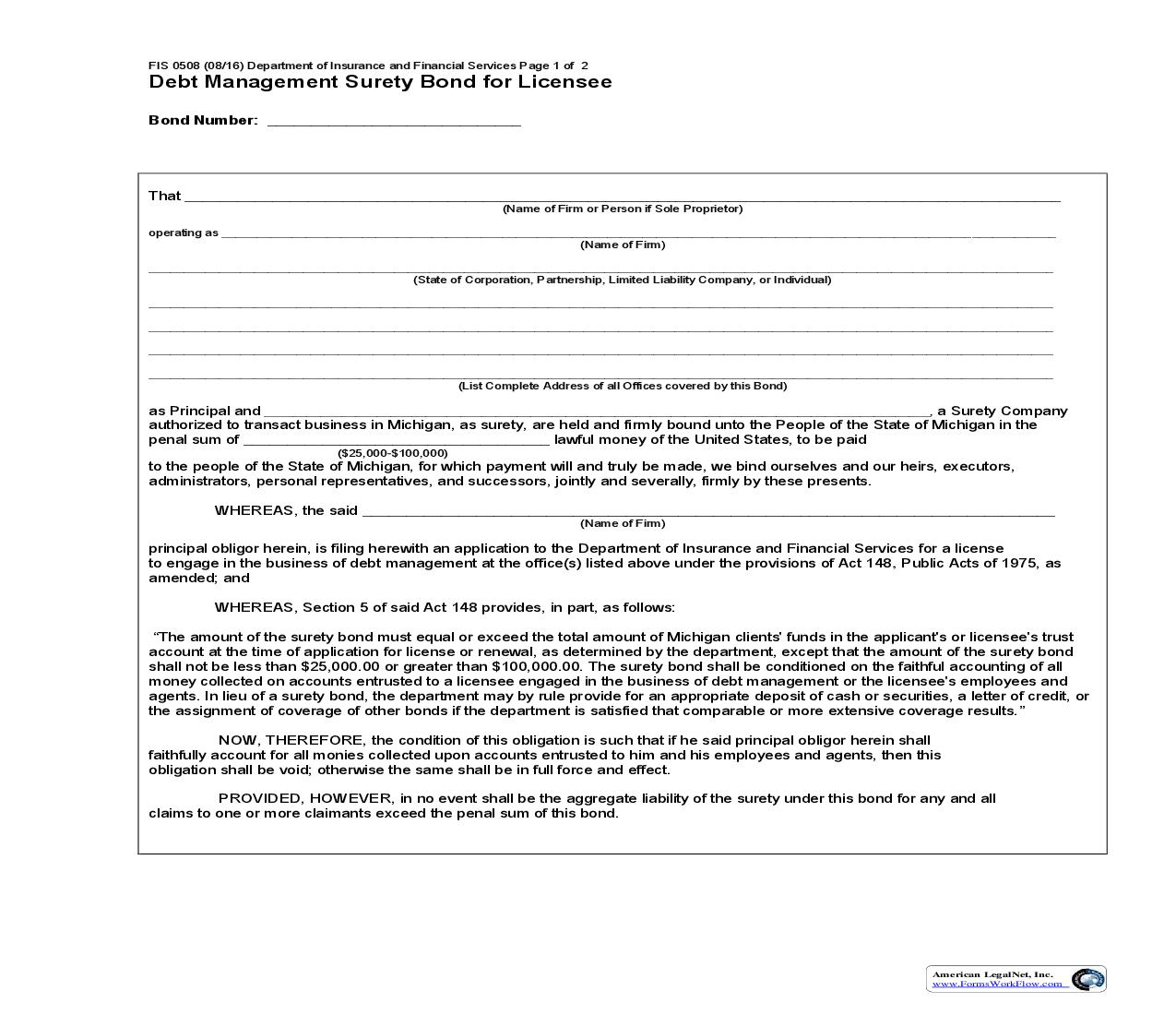Debt Management Surety Bond For Licensee {FIS-0508} | Pdf Fpdf Doc Docx | Michigan
